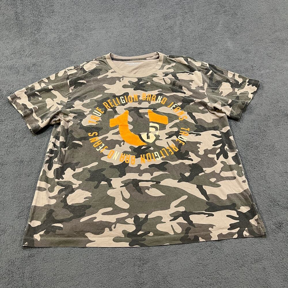 True Religion Brand Jeans Green Beige Camo Short Sleeve Men's Size 2XL